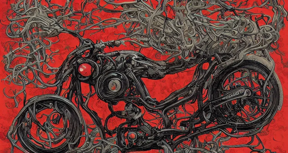 Prompt: a motorbike made of ivory vines and crimson rocks, it exhaust a fiery smoke in the shape of demonic eye, by james jean,