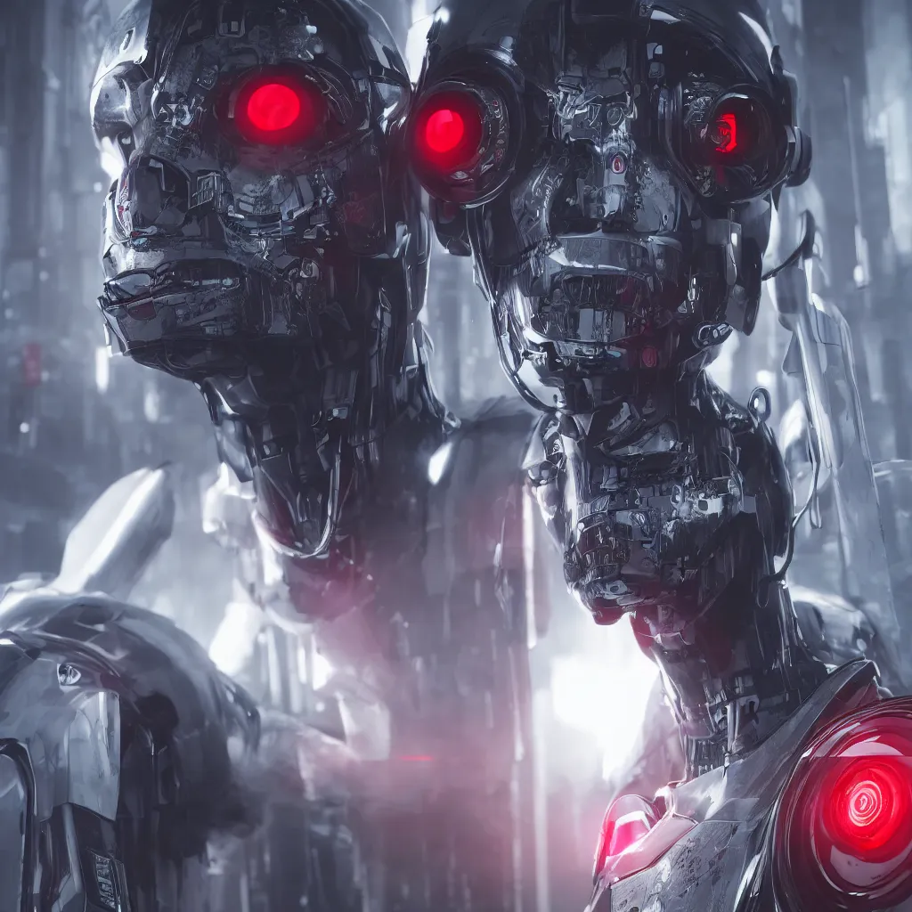 Image similar to a cyberpunk portait of a robot with red eyes, highly detailed, octane render, cyberpunk, high quality, 8K HDR, unreal engine 5,psycho