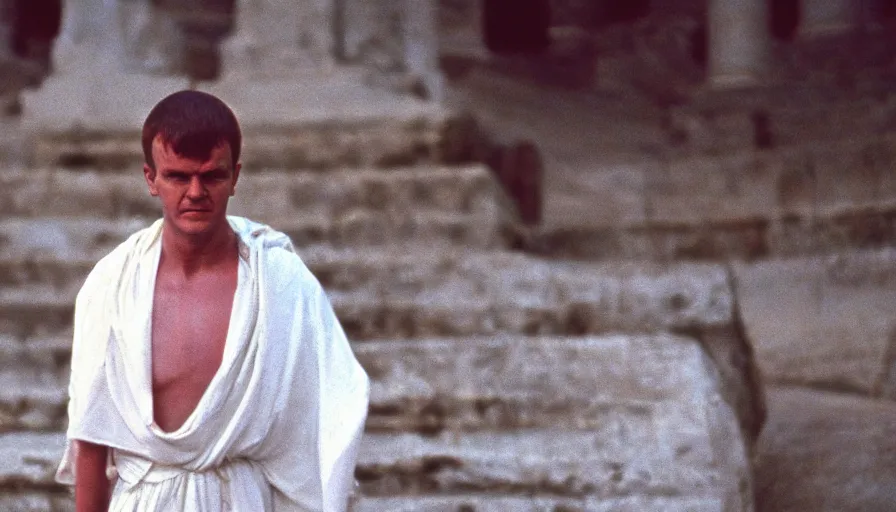 Image similar to 1 9 6 0 s movie still close - up of caligula in a white toga dead on the ancient amphitheater's stairs blood flaque, cinestill 8 0 0 t 3 5 mm, high quality, heavy grain, high detail, dramatic light, anamorphic, blood