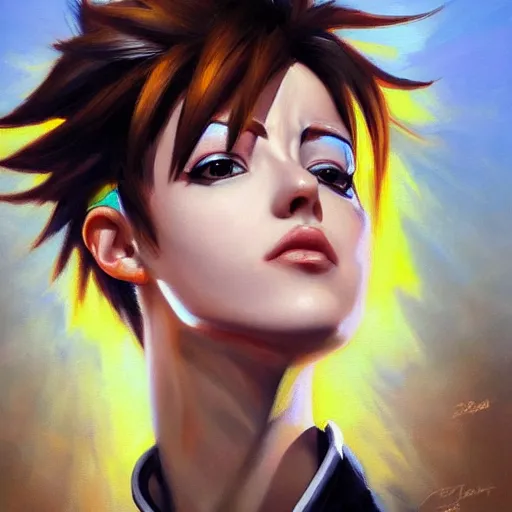 Image similar to oil painting of tracer overwatch in a field, in style of mark arian, expressive face, very detailed face, wearing large detailed black collar, very detailed eyes, full body, feminine face, detailed makeup on eyes,