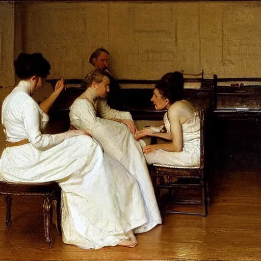 Prompt: white 👗 women in a room, by thomas eakins