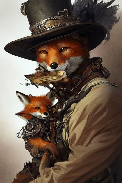 Image similar to heroic character design of anthropomorphic whimsical fox, portrait, western, steampunk, clint eastwood face, duster, fantasy, intricate, elegant, highly detailed, digital painting, artstation, concept art, sharp focus, illustration, art by artgerm and greg rutkowski and alphonse mucha