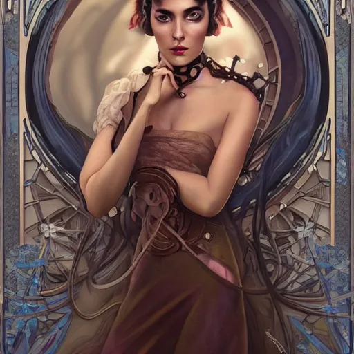 Image similar to an art nouveau, ( dieselpunk ), multi - racial portrait in the style of anna dittmann and charlie bowater and chanthara. very large, clear, expressive, and intelligent eyes. centered, ultrasharp focus, dramatic lighting, photorealistic digital matte painting, intricate symmetrical ultra detailed background.