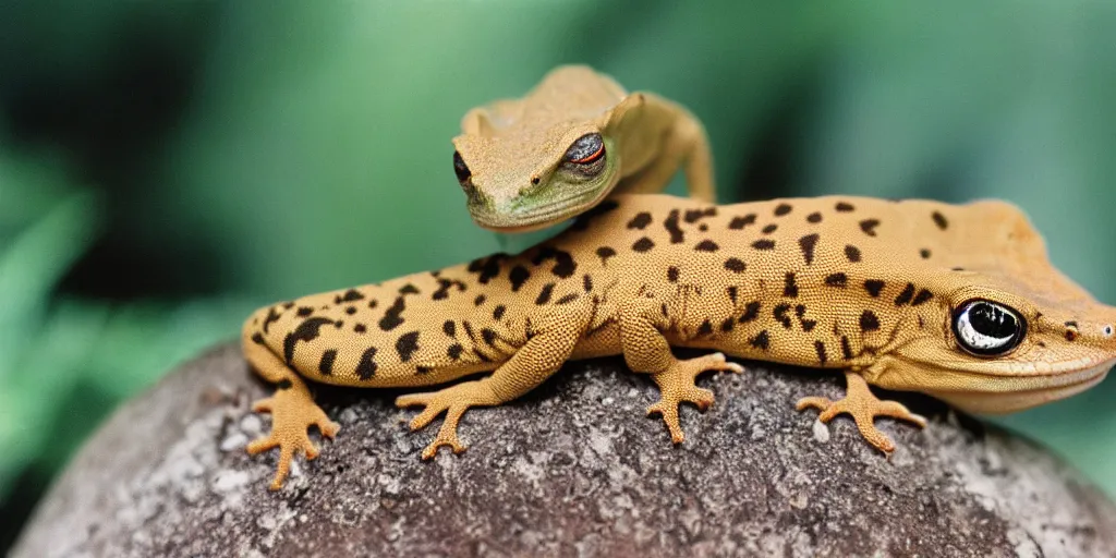 Image similar to 1980s 35 mm depth of field photo of a gecko wearing a wizard hat