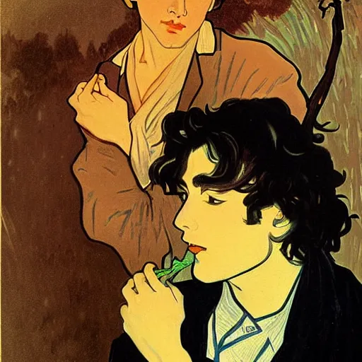 Image similar to painting of young cute handsome beautiful dark medium wavy hair man in his 2 0 s named shadow taehyung and cute handsome beautiful min - jun together at the halloween! party, bubbling cauldron!, candles!, smoke, autumn! colors, elegant, wearing suits!, clothes!, delicate facial features, art by alphonse mucha, vincent van gogh, egon schiele