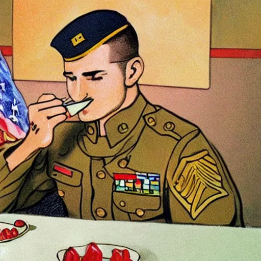 Image similar to usmc sargent eating crayons, realistic, illustration