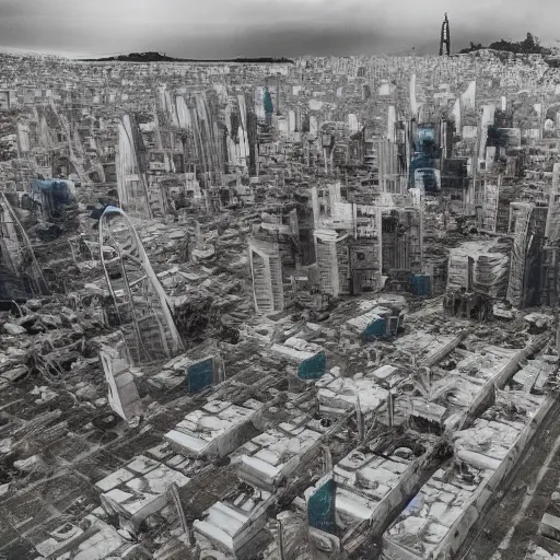 Image similar to futuristic city building out of ruins, ruined city next to new city, san francisco, drones, 2 0 3 9, daguerrotype