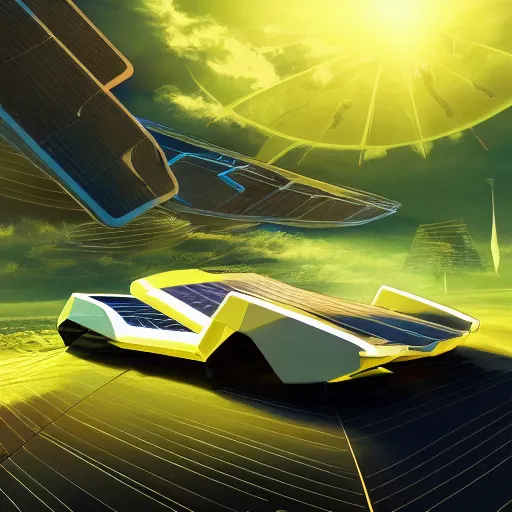 Image similar to solarpunk hovercar, clean energy, green technology, batoidea shape, airspace, sunny day, futurism, intricate, engines, glow, highly detailed, peaceful, utopia, bright, digital painting, artstation, concept art, smooth, sharp focus, epic landscape, art by akihiko yoshida and tim mcburnie and anato finnstark