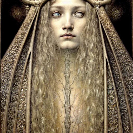 Image similar to detailed realistic beautiful young medieval queen face portrait by jean delville, gustave dore, zdzisław beksinski and marco mazzoni, art nouveau, symbolist, visionary, gothic, pre - raphaelite, memento mori, horizontal symmetry