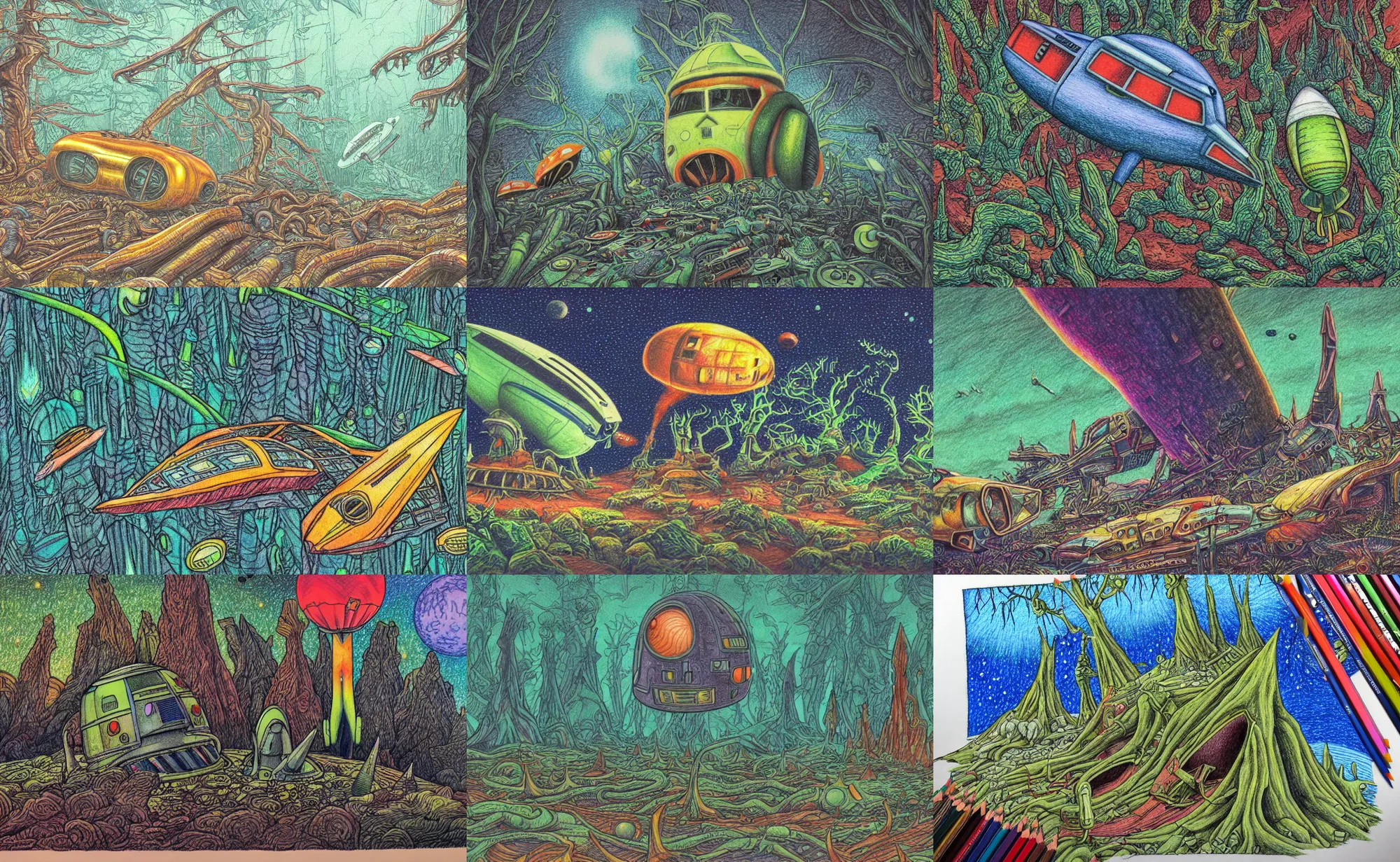 Prompt: intricately detailed color pencil drawing, retro spaceship crash landed on an alien forest landscape