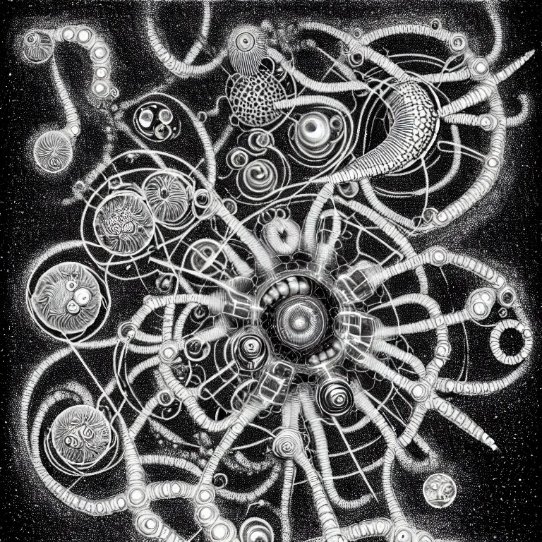 Image similar to a black and white drawing of a variety of sea life and filled with gundam mech equipment space station, a microscopic photo by ernst haeckel, zbrush central, kinetic pointillism, bioluminescence, biomechanical, intricate patterns, photoillustration