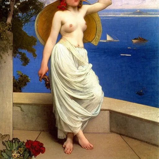 Image similar to A girl with jester hat and clothes on a greek archi circle on the front of a Balustrade with a beach and a sail boat on the background, major arcana clothes, by alphonse mucha and arnold böcklin arnold böcklin arnold böcklin, paul delaroche, hyperrealistic 8k, very detailed