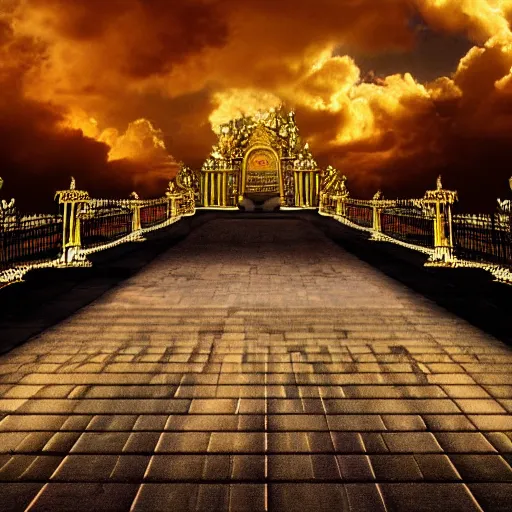 Image similar to l a long path to the gates of heaven with glowing clouds, illuminated background with streets made of gold & architecture made of crystal, photrealism, 4 k.