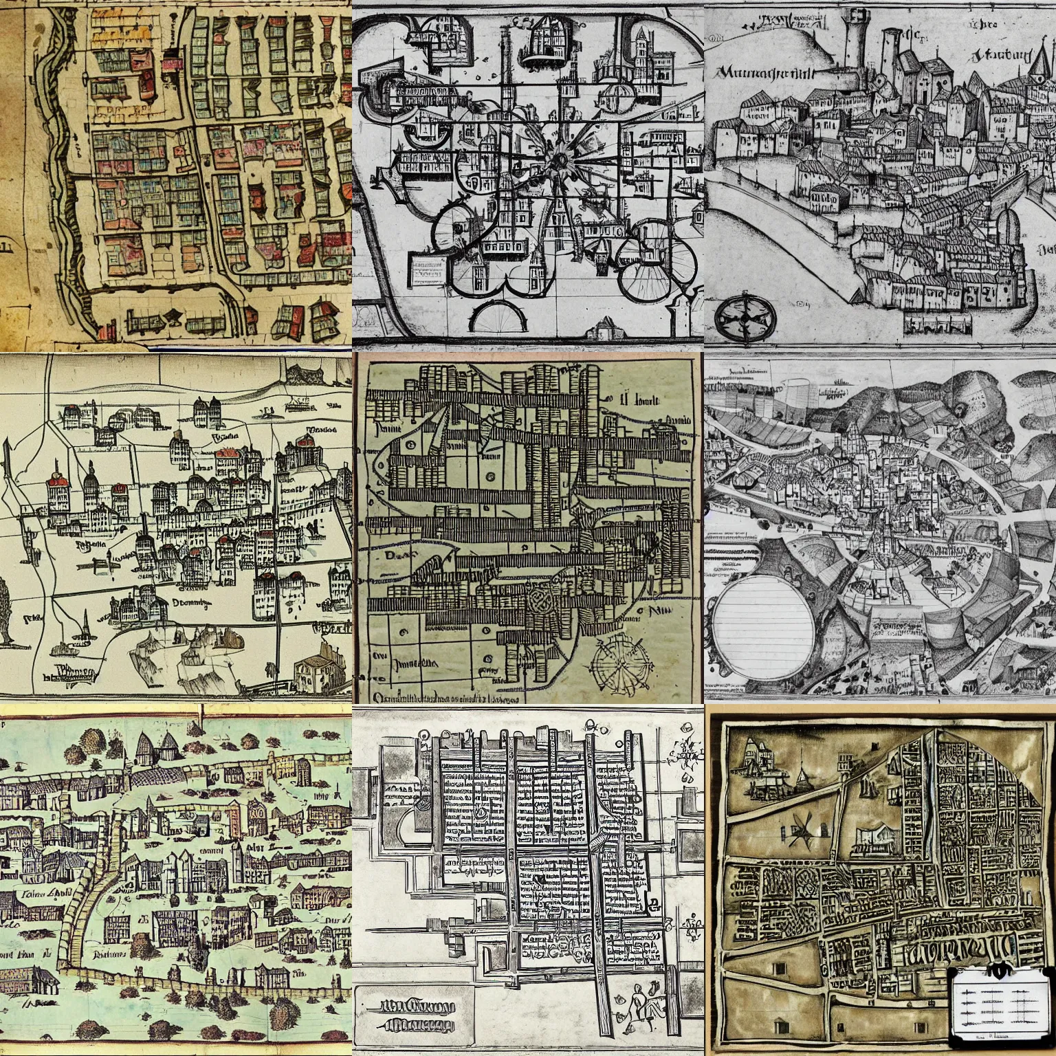 Prompt: medieval town map, technical drawing, schematic, diagram, manuscript