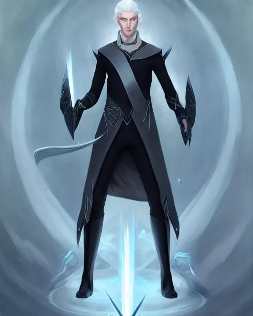 Prompt: character portrait of a slender young half white haired elven man with and piercing blue eyes and pale bluish skin, wearing sleek pearlescent black armor, by greg rutkowski and mark brookes and jim burns and tom bagshaw and magali villeneuve, trending on artstation