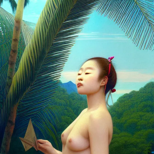Image similar to a ultradetailed beautiful painting of a german japanese girl in amazonas by hsiao ron cheng, ngai victo, nivanh chanthara jean delville wlop and dougherty patrick, trending on artstation, mediterranean, palm trees, light sparkles, major arcana sky, sharp focus, soft light
