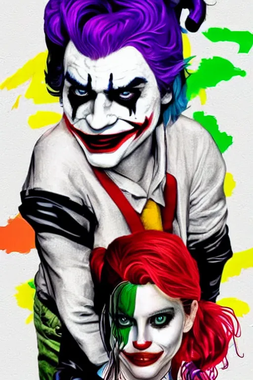 Image similar to joaquin phoenix as joker and lady gaga as harley quinn, remove duplicate content!!!!, violet polsangi pop art, gta chinatown wars art style, bioshock infinite art style, incrinate, realistic anatomy, hyperrealistic, two colors, white frame, content balance proportion