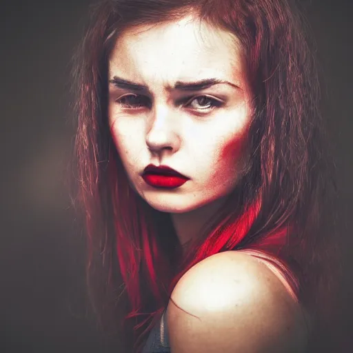 Prompt: a photo of a young woman. moody and melanchonic. with a little bit of red and yellow