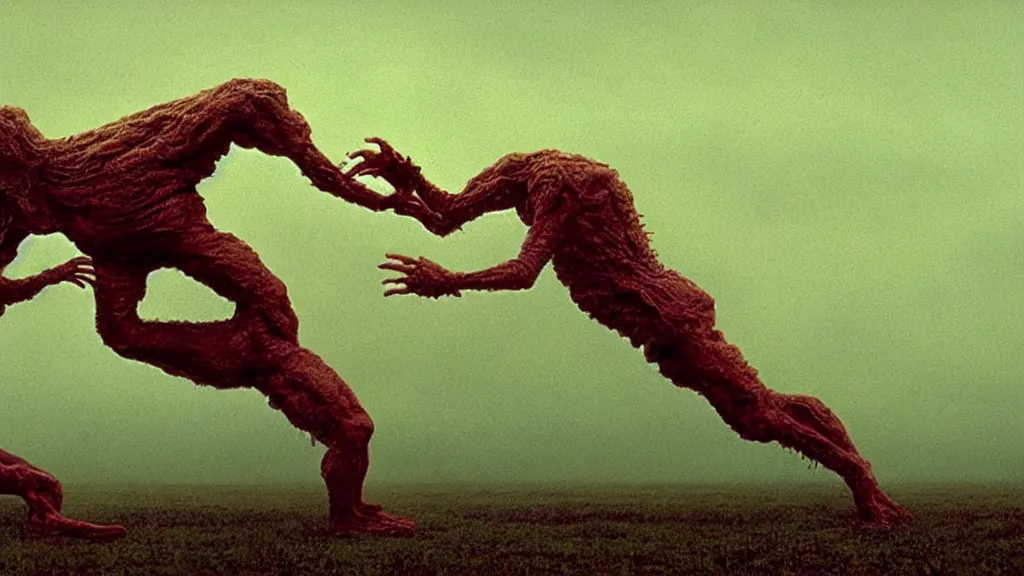 Image similar to the strange creature, made of milk and wax, they fight me, film still from the movie directed by denis villeneuve and david cronenberg with art direction by salvador dali and zdzisław beksinski, wide lens