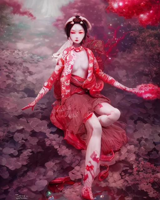 Image similar to detailed photo of pearl japanese doll, pearl skin, magical, beautiful clothes, innocent, elegant red dress, 8 k, by tristan eaton, stanley artgermm, tom bagshaw, greg rutkowski, carne griffiths, trending on deviantart, hyper detailed, glorious lighting, epic environment