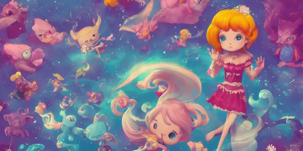 Prompt: Aquarius as a cute character playing in a magical field surrounded by super super cute creatures, funko pop, digital art, artstation, cinematic photo, ratio 16:9