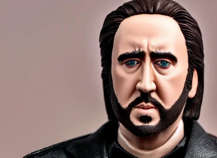 Image similar to product still of Nic Cage funko pop with box, 85mm f1.8