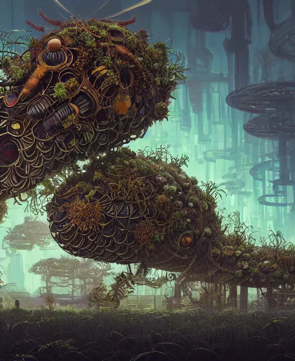 Prompt: a giant weird industrial plant hive made out of isopod wasp octopus, in the style of a strange exotic spaceship, overgrown with disturbing orchids, godbeams, partly cloudy, somber, dramatic lighting, by dan mumford, yusuke murata, makoto shinkai, ross tran, cinematic, unreal engine, cel shaded, featured on artstation, pixiv