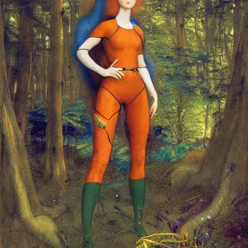 Prompt: beautiful female elf with auburn hair in a feminine spacesuit, aloof in the forest at dusk, by Edgar Maxence and Ross Tran and Michael Whelan and Gustav Klimpt