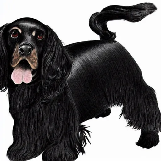Prompt: a black cocker spaniel working on an interior design drawing project