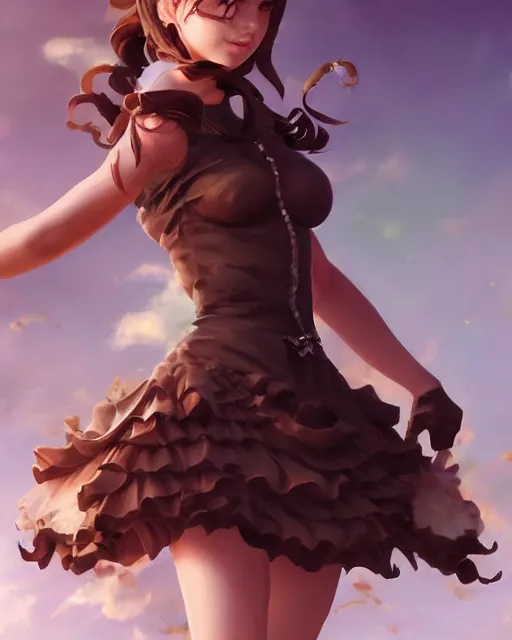 Image similar to a ( girl as personification of chocolate cupcake ), fantasy bakery, digital art by artgerm, krenz cushart, laurie greasly, wlop, intricate, ( highly detailed figure ), sharp focus, smooth, epic composition, joyful, unreal engine