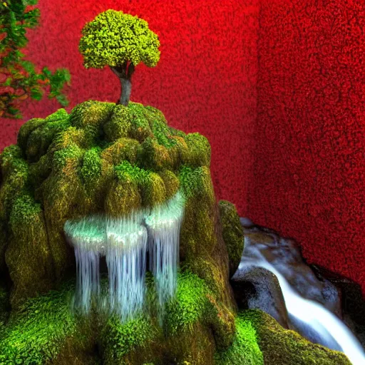 Prompt: a dryad tree spirit atop a floating waterfall. isometric 3d render, landscape reds, greens, yellows