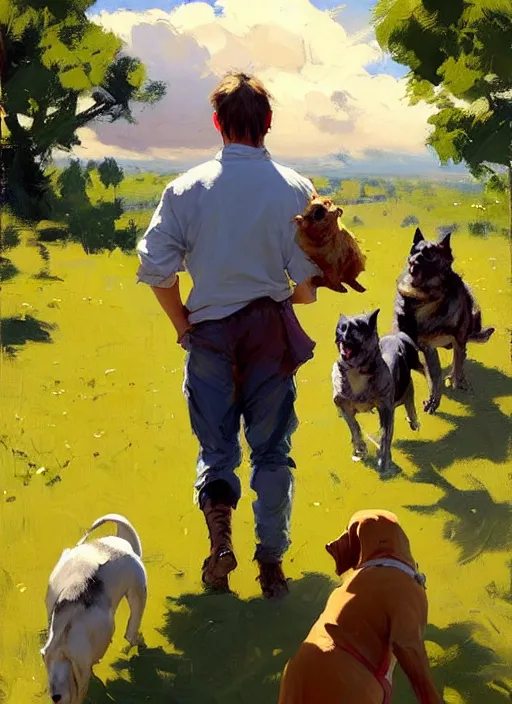 Prompt: Greg Manchess painting of Zero Two in casual wear out playing with the dogs, countryside, fantasy character portrait, dynamic pose, above view, sunny day, thunder clouds in the sky, artwork by Jeremy Lipkin and Giuseppe Dangelico Pino and Michael Garmash and Rob Rey, very coherent asymmetrical artwork, sharp edges, perfect face, simple form, wacky, 100mm