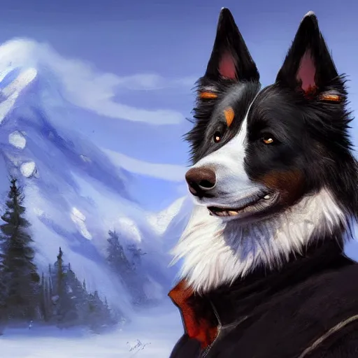 Image similar to beautiful portrait of a cute male anthropomorphic border collie fursona wearing a blue cowboy outfit in a tundra. character design by charlie bowater, henry asencio, and ross tran. scenic background, detailed, glamor pose, aesthetic, trending on artstation, top rated on furaffinity and deviantart