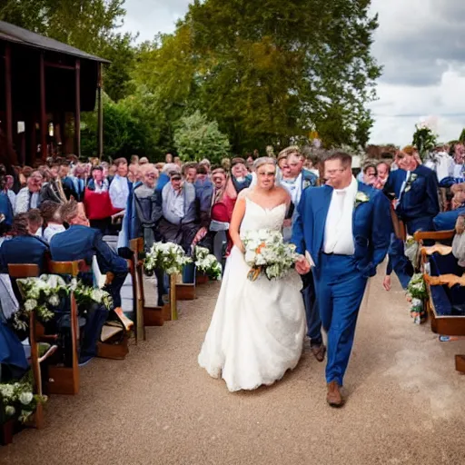 Prompt: a tractor driving down the aisle at a wedding