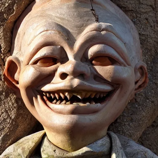 Image similar to grotesque medieval sculpture of howdy doody, detailed rough stone texture