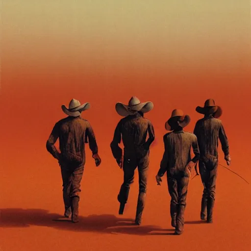 Prompt: group of cowboys walking through the red martian desert, retrofuturism sci - fi old movie, highly detailed, photorealistic, 8 k, by beksinski and stalenhag