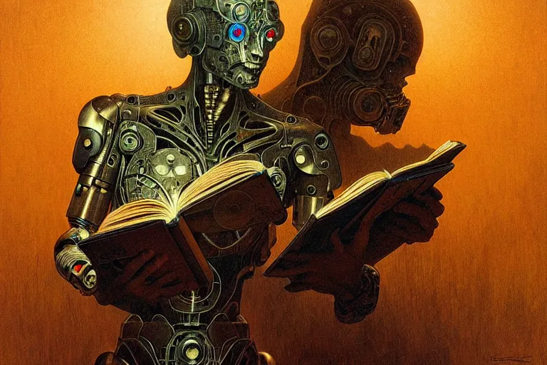 Image similar to a cyborg reading an old book, fantasy, sci - fi, intricate, elegant, dramatic lighting, highly detailed, lifelike, photorealistic, digital painting, artstation, concept art, smooth, sharp focus, illustration, art by beksinski and john blanche and paul dainton and albert aublet and artem demura and alphonse mucha