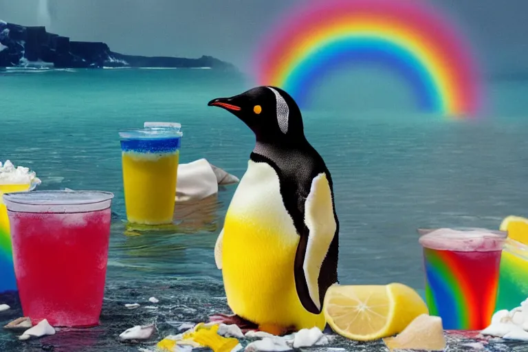 Image similar to a cinematic photo of a penguin, rainbow, lemonade, masterpiece