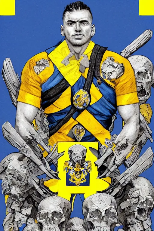 Prompt: A super soldier with Сoat of arms of Ukraine on his chest and blue and yellow flag behind him is standing on a pile of skulls with Z character on foreheads, D&D, dark fantasy, intricate, elegant, highly detailed, digital painting, artstation, concept art, smooth, sharp focus, illustration, art by artgerm and greg rutkowski and alphonse mucha