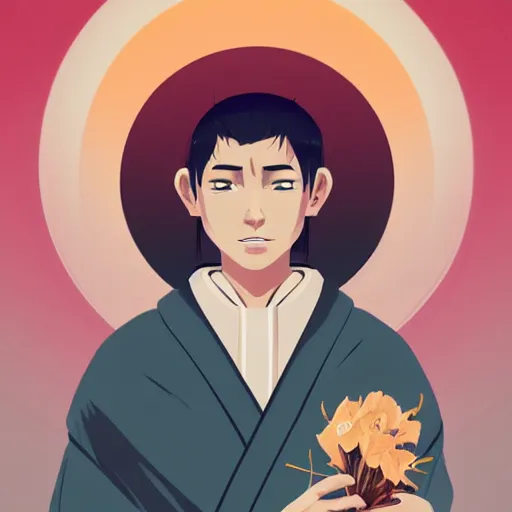 Prompt: a bald, coffee - skinned terrence boyd as a saint with halo wearing a red kimono, clean cel shaded vector art. shutterstock. behance hd by lois van baarle, artgerm, helen huang, by makoto shinkai and ilya kuvshinov, rossdraws, illustration,