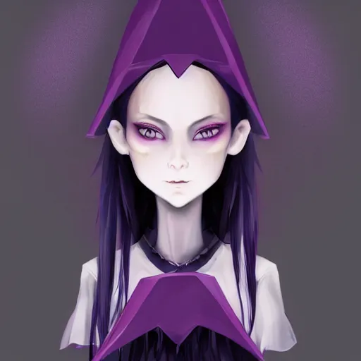 Prompt: card art of a young female occult magician with dark purple hair, pale skin, extra wide witch hat, character design, well-endowed, realistic face, symmetrical face, evil laugh, digital painting, anime visual style, game art, matte, dramatic lighting, tonemapping, highly detailed, sharp focus, realism, vibrant colors, ArtStation, trending on ArtStation, DeviantArt, Zeronis