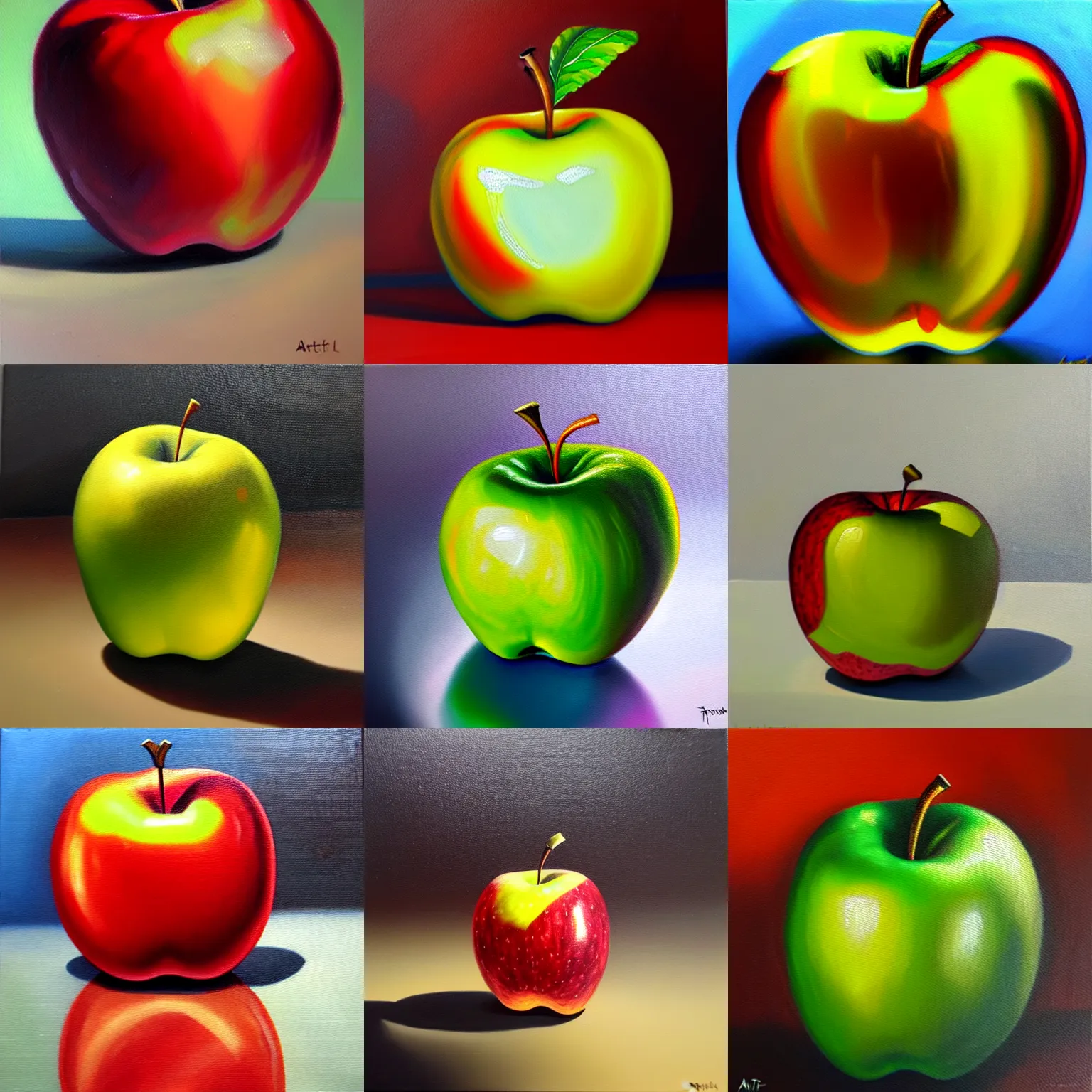 Prompt: Detailed oil painting of a transparent apple made of colored glass, trending on Artstation