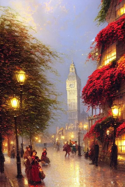 Prompt: beautiful painting of old London street scene painted by james gurney, arthur hughes, thomas kinkade, , Ríos