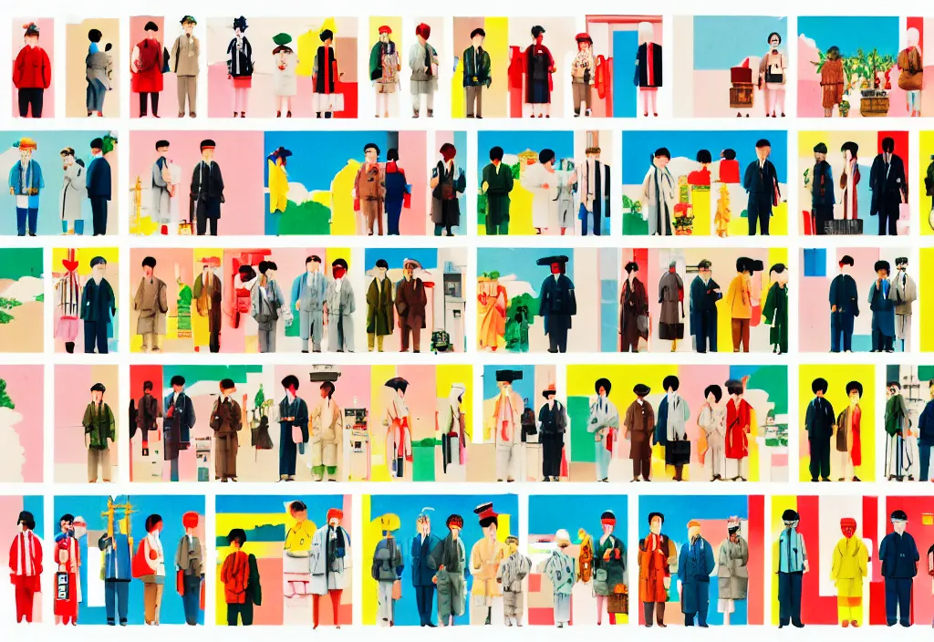 Image similar to full frame, a row of a few european tourists standing with a variety of poses and props, [ several ] character designs, ( rural japan ) a collage painting, in the style of wes anderson, lola dupre, david hockney, [ isolated on negative white space background ] dark monochrome neon spraypaint accents volumetric octane render