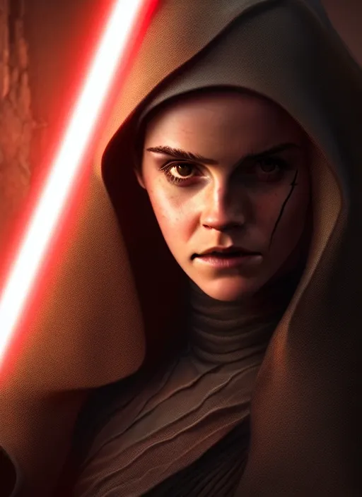 Image similar to Sith Lord playd by Emma Watson, studio light, photoreal, daz3d,intricate,elegant,highly detailed,8k,digital painting,concept art, sharp focus, illustration,golden ratio