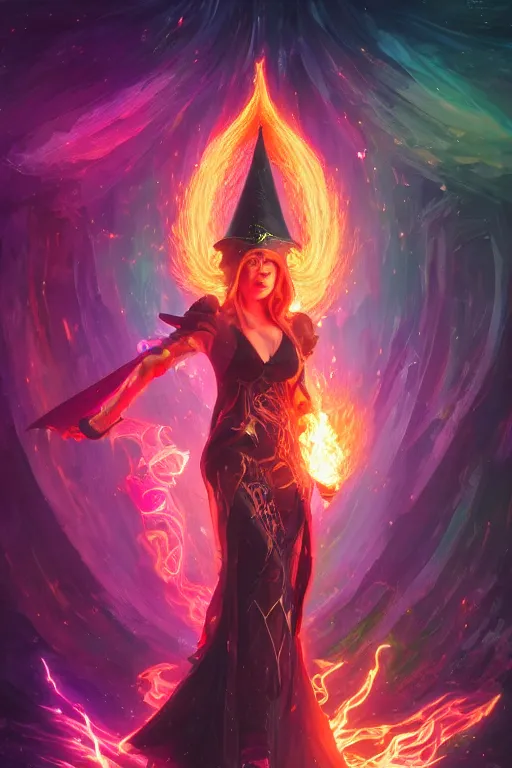 Image similar to a fancy portrait of a beautiful dark magician women wearing a great witches hat covered in colourfull flames by Greg Rutkowski, Sung Choi, Mitchell Mohrhauser, Maciej Kuciara, Johnson Ting, Maxim Verehin, Peter Konig, final fantasy , mythical, 8k photorealistic, cinematic lighting, HD, high details, atmospheric,