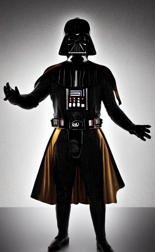 Image similar to A phone wallpaper of a full body golden Darth Vader suit in a black room, studio lighting,