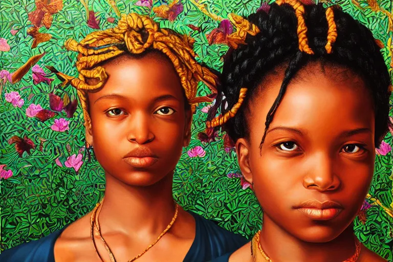 Image similar to a girl pirate with iridescent skin by kehinde wiley