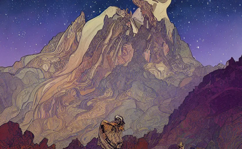 Prompt: mountains, stars and paisley filled sky, artstation, intricate, highly detailed, digital painting, concept art, sharp focus, illustration by Jean Claude Mézières and Alphonse Mucha