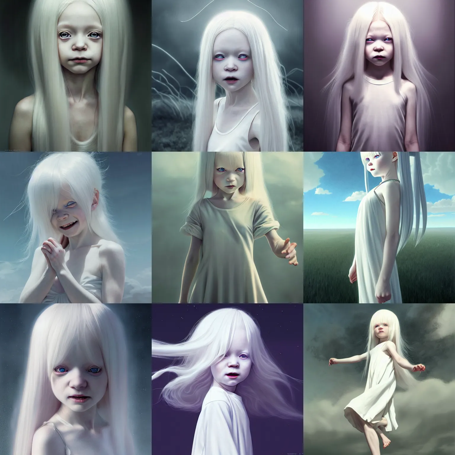 Prompt: albino child, white dress, absurdly long hair, ominous, smiling, phantasmagoric, by tom bagshaw and ilya kuvshinov, rtx rendering, octane render 1 2 8 k, maya, extreme high intricate details by wlop, digital anime art by ross tran, medium shot, composition by sana takeda, dramatic lighting by greg rutkowski